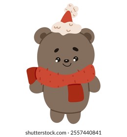 Cute bear wearing winter clothes. Adorable Christmas character in cartoon style for kids design. Flat vector illustration isolated on white background.