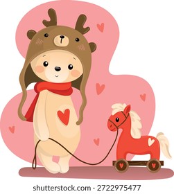 Oso lindo que lleva el sombrero del invierno y la bufanda que camina con el caballo del juguete en la correa. Ilustración de dibujos animados del día de San Valentín con corazones, amor y concepto romántico, perfecto para tarjetas de felicitación, diseño de niños, decoración de la guardería y proyectos de vacaciones.