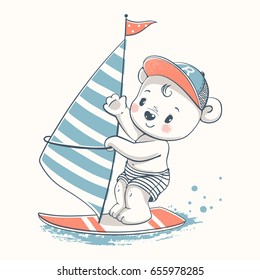 Cute Bear Windsurfer Cartoon Hand Drawn Vector Illustration. Can Be Used For T-shirt Print, Kids Wear Fashion Design, Baby Shower Invitation Card.