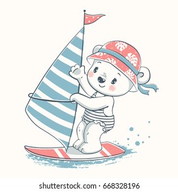 Cute bear windsurfer cartoon hand drawn vector illustration. Can be used for t-shirt print, kids wear fashion design, baby shower invitation card.