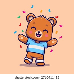 Cute Bear Winner With Confetti Cartoon Vector Icon Illustration. Animal Holiday Icon Concept Isolated Premium Vector. Flat Cartoon Style