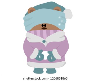 Cute bear in winter clothes holding snow in his hands.