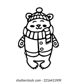 Cute bear in winter clothes, scarf, and hat. Cartoon outline doodle Vector. Coloring book for kids. Teddy Вear hand-drawn animal illustration.