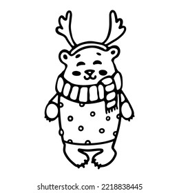 Cute bear in winter clothes, scarf, and Deer Antlers. Cartoon outline doodle Vector. Coloring book for kids. Teddy Вear hand-drawn animal illustration.