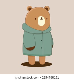 Cute bear in winter coat and mittens. Vector cartoon style illustration. 