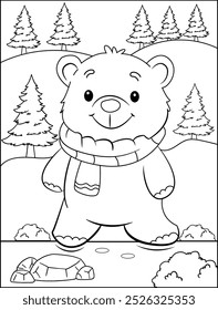 Cute Bear in Winter Forest with Scarf . Kids Coloring Page.