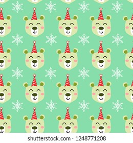 Cute bear in winter  seamless pattern and green background. Animal cartoon holidays . Christmas wrapping.