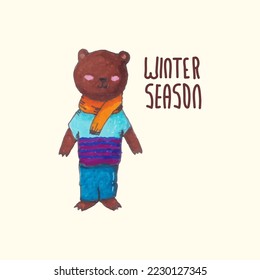Cute bear in winter season. Vector Illustration. Can be used for fabric and textile, wallpapers, backgrounds, home decor, posters, cards.