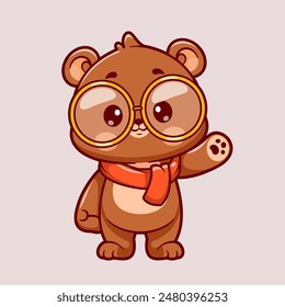 Cute Bear Winter Waving Hand Cartoon Vector Icon Illustration. Animal Fashion Icon Concept Isolated Premium Vector. Flat Cartoon Style