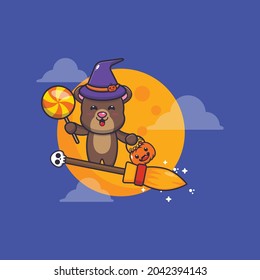 cute bear witch fly with broom in halloween night