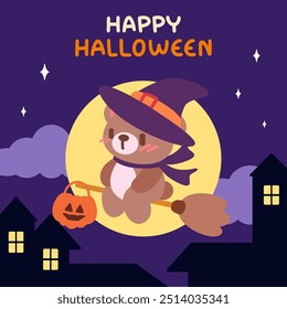 Cute Bear Witch Flying on Broomstick. Kawaii Bear Witch with Pumpkin.  Adorable Bear in Witch Costume.