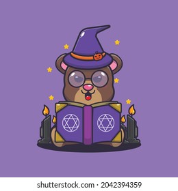 cute bear witch reading spell book