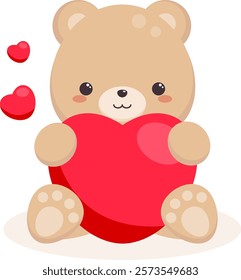 Cute bear witn big red heart. The baby bear holds a heart in its paws.