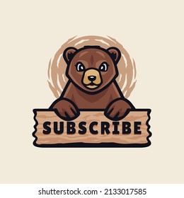 Cute bear with wooden board illustration template. Can be used for signs, label or advertisements. Grizzly cub vector image.