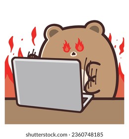 A cute bear working at an incredible pace in front of the computer.