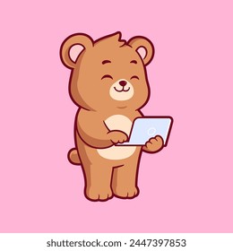 Cute bear working on laptop cartoon vector icon illustration. Flat style animal cartoon logo mascot