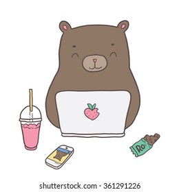 Cute bear working on notebook. Cute smoothie drink, smart phone and chocolate bar.