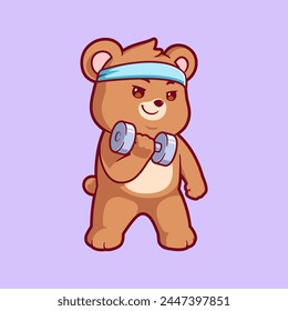 Cute bear workout with barbell cartoon vector icon illustration. Flat style animal cartoon logo mascot