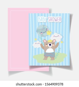 cute bear world clouds star decoration baby shower card vector illustration