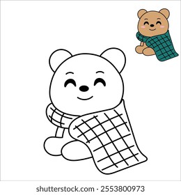 A cute bear wrapped in a cozy blanket. Trace and color the bear. An adorable vector illustration of a winter-themed bear. Coloring pages.