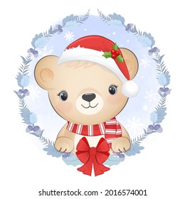 Cute Bear and wreath Christmas hand drawn animal watercolor illustration