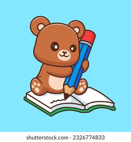 Cute Bear Writing on Book mit Pencil Cartoon Vektorsymbol Illustration. Tiererziehung Symbol Konzept isoliert Premium-Vektorgrafik. Flachbildkartonstil