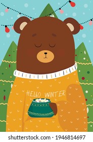 Cute bear in a yellow sweater and the inscription hello winter with a mug of hot chocolate or coffee in a paw and marshmallows. Merry Christmas. Decorated Christmas tree with toys.