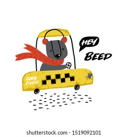 Cute bear yellow taxi driver. Children transport. Winter card.