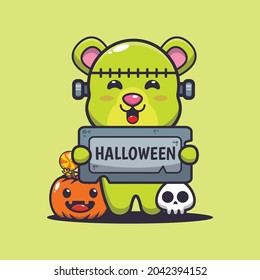 cute bear zombie holding halloween greeting