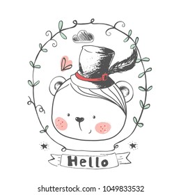 Cute Bear.cartoon hand drawn vector illustration. Can be used for baby t-shirt print, fashion print design, kids wear, baby shower celebration greeting and invitation card.