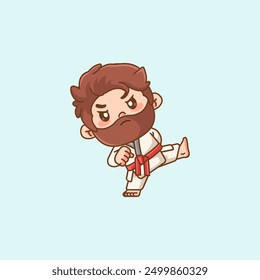 Cute beard man training Karate martial art chibi kawaii character mascot sport Icon set