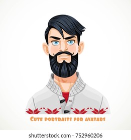 Cute bearded brunette men in a casual pullover portrait for avatar isolated on a white background