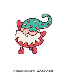 Cute bearded cartoon dwarf or gnome character jumping for joy, cartoon vector illustration isolated on white background. Christmas elf or gnome personage.
