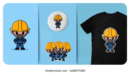 cute bearded construction worker with helmet logo character mascot t shirt badge and sticker design