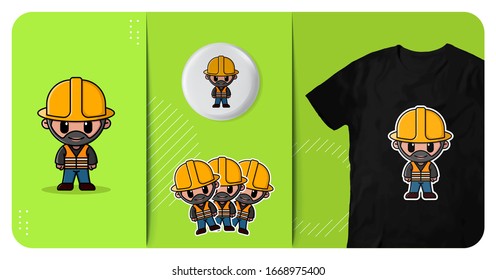 cute bearded construction worker with safety vest logo character mascot t shirt badge and sticker design