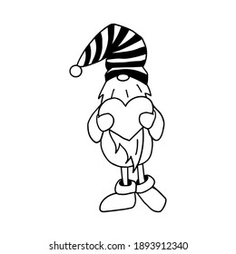 Cute bearded dwarf with a heart in his hands, isolated on a white background. Contour drawing.