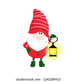 Cute bearded dwarf holding lantern. Character, illumination, light. Can be used for topics like night, exploration, fairy tale