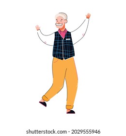Cuto hombre barbudo de edad avanzada caricatura bailando y sonriendo, ilustración vectorial aislada en fondo blanco. Personaje masculino activo, saludable y positivo.
