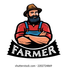 Granjero con barba en un emblema de sombrero o logotipo. Agricultura, insignia de granja orgánica. Ilustración vectorial de caracteres de dibujos animados