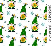Cute bearded gnome with Christmas ball seamless vector pattern. An old elf holds a festive toy with a snowflake. Santa Claus helper in a stocking cap with a golden bell, bow. Flat cartoon background