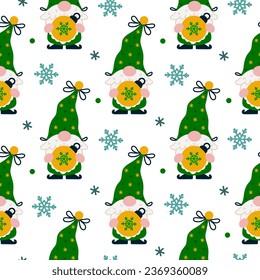 Cute bearded gnome with Christmas ball seamless vector pattern. An old elf holds a festive toy with a snowflake. Santa Claus helper in a stocking cap with a golden bell, bow. Flat cartoon background