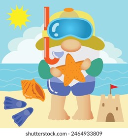 Cute bearded gnome on the beach  vector cartoon illustration