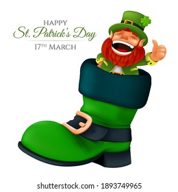 Cute bearded leprechaun peeking from the boot and showing thumbs up. Vector illustration of laughing dwarf mascot for Saint Patrick's Day isolated on a white background