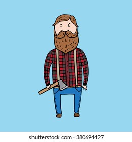 Cute bearded lumberjack with an axe. Vector illustration