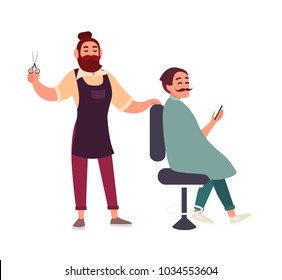 Cute bearded male hairdresser cutting hair of his client sitting in chair and holding smartphone isolated on white background. Smiling man in barbershop. Cartoon colorful vector illustration.