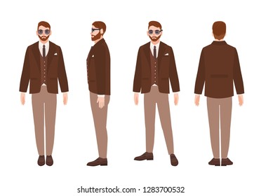 Cute bearded man or clerk dressed in elegant smart suit. Happy male cartoon character wearing office clothing and sunglasses. Front, side and back views. Colorful vector illustration in flat style.