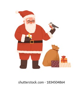 Cute bearded Santa Claus holding giftbox and bullfinch bird vector flat illustration. Father Frost with heap and sack of presents isolated on white. Festive Christmas character in red costume