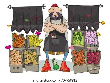 A cute bearded vendor stands in front of a vegetables and fruits store. Street stall full of fresh vegetables and fruits. 