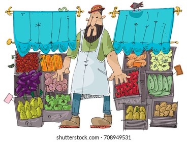 A cute bearded vendor stands in front of a vegetables and fruits store. Street stall full of fresh vegetables and fruits. 
