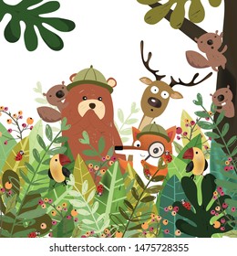 Cute bear,deer,wolf fox,hornbill bird and squirrel in botanical tropical forest,illustration vector doodle comic art for any card.